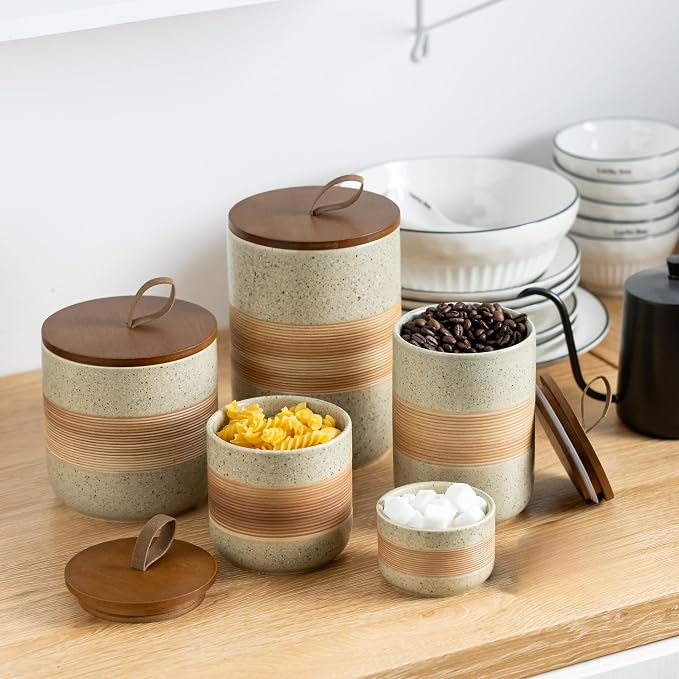 Miamolo Ceramic Coffee Container with Lid, Coffee Canister for Countertop | Coffee Jar with Snug Top, Wide Mouth Easy Filling | Dry Food Storage, Coffee Bar Decor Pantry Organization | Beige & 37 fl.oz