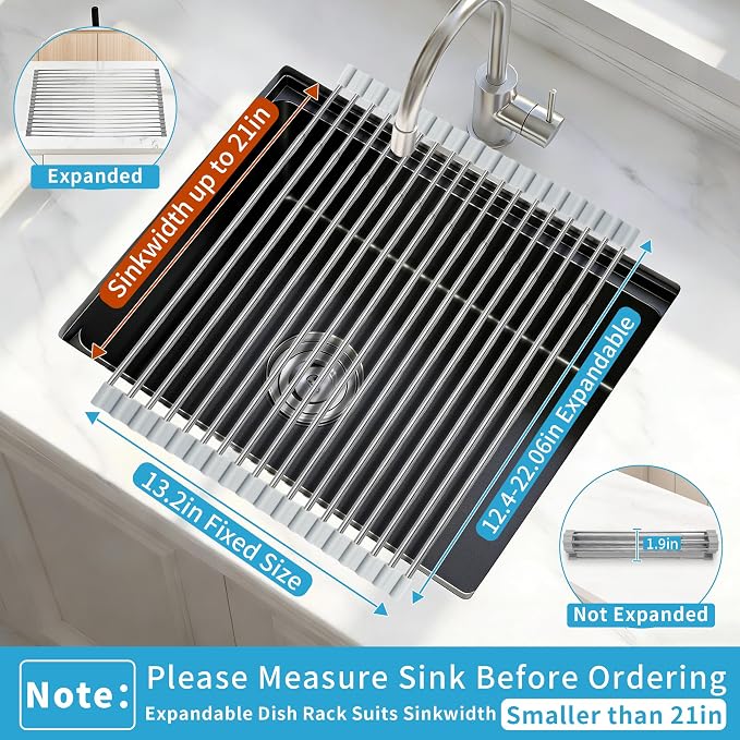 Expandable Roll-UP Dish Drying Rack-Large 304 Stainless Steel Dish Drainer Over The Sink for Kitchen Countertop,Extendable & Rollable & Food Grade (Silver,22.08'x 13.2')