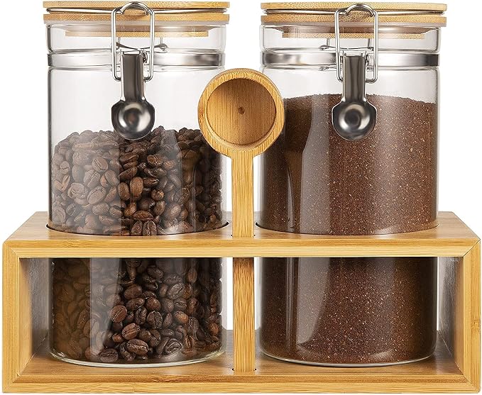 Coffee Container with Shelf: 2P 45OZ Glass Airtight Coffee Holder | Large Capacity Coffee Canister w/Wooden Scoop - Kitchen Food Storage Jar for Ground Coffee/Tea/Sugar/Cereal/Nuts/Coffee Bar