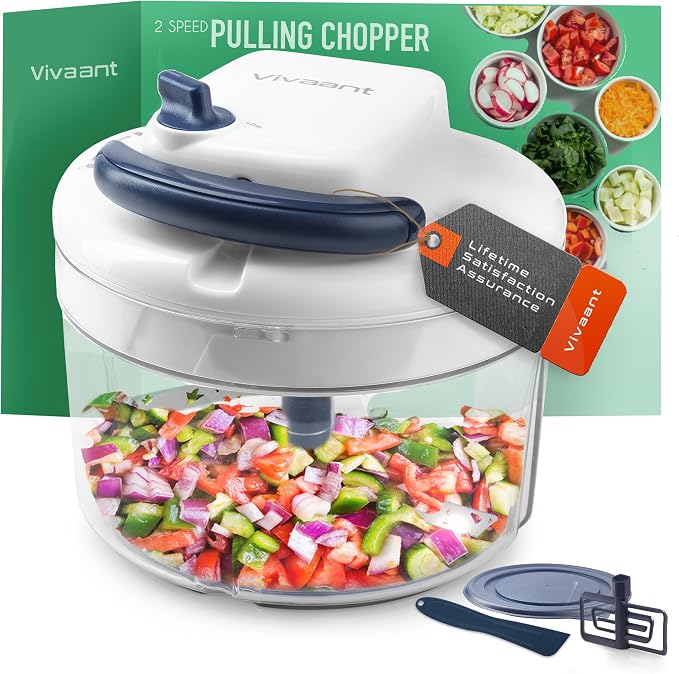 Vivaant Hand Pull Manual Food Chopper, Onion Chopper Vegetable Cutter Dicer | Nut & Garlic Chopper for Kitchen, 2 Speed Stainless Blades, Small Hand Held Vegetable Dicer with Whisk Attachment