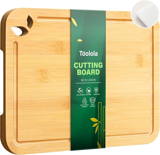 Bamboo Cutting Boards for Kitchen, Wooden Cutting Boards, 13 x 9.5 inch | Knife-Friendly Chopping Boards with Silicone Mat, Charcuterie Boards with Side Handles and Juice Grooves