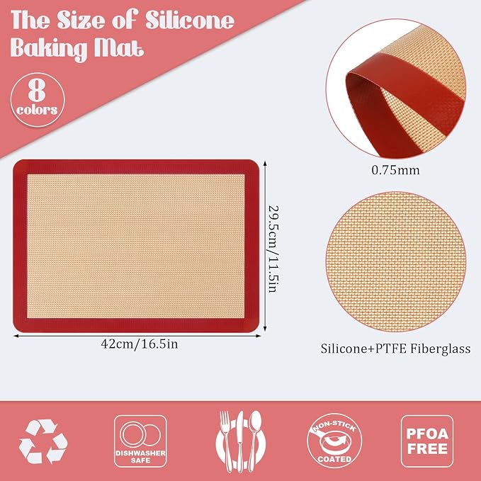 Nuanchu 8 Pieces Silicone Baking Mat Non-stick Silicone Baking Half Sheet 16.5'' x 11.6'' Silicones Cookie Sheet Easy Clean Oven Cookie Liner for Oven Making, Macaroon, Bread Pastry(Red)