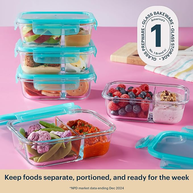 Pyrex Glass Meal Box (5-Pack, 2.3 Cup) Divided Compartments, Locking Lids | For meal prepping and portioning, BPA-Free, microwave & dishwasher safe