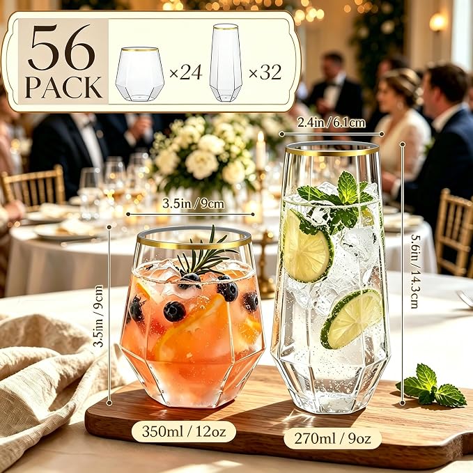 Lueumxc 56 Pack Plastic Wine Glasses Disposable Diamond Champagne Flutes, 32 Pcs 9 OZ Stemless Champagne Flutes & 24 Pcs 12 OZ Disposable Wine Glasses, BPA-Free