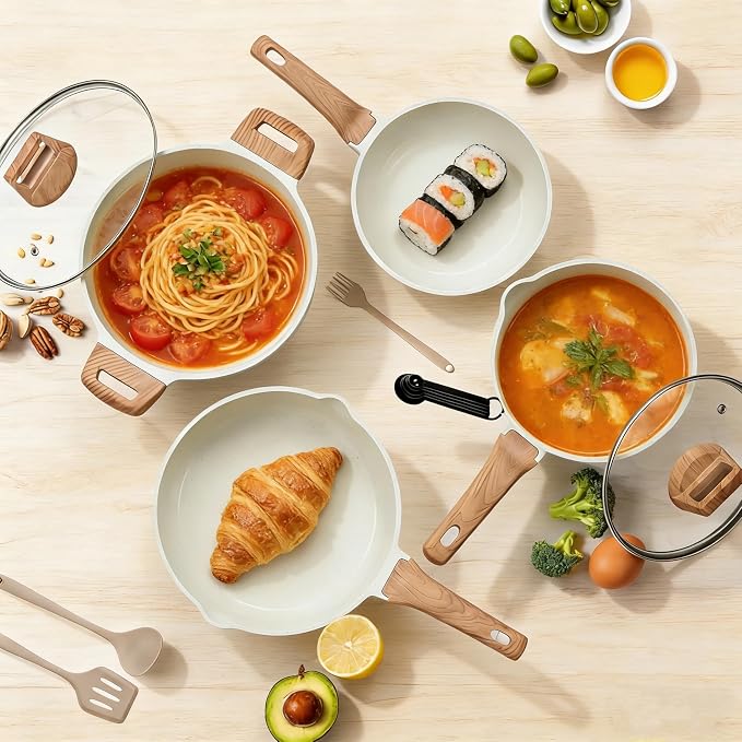 Simple Deluxe 25Pcs Ceramic Cookware Set, Nonstick & Non-Toxic Healthy Pots and Pans, Heat-Resistant Handles, Induction Cookware Sets with Frying Pans, Beige