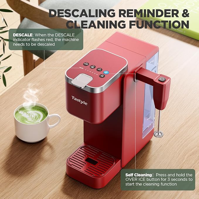 Tastyle Single Serve Coffee Maker with Built-in Detachable Milk Frother | For K Cups & Grounds, 40oz Removable Water Tank, 6 Brew Sizes, 2 Drip Trays, BPA Free, Fits 7.3" Travel Mug, K330MF, Red