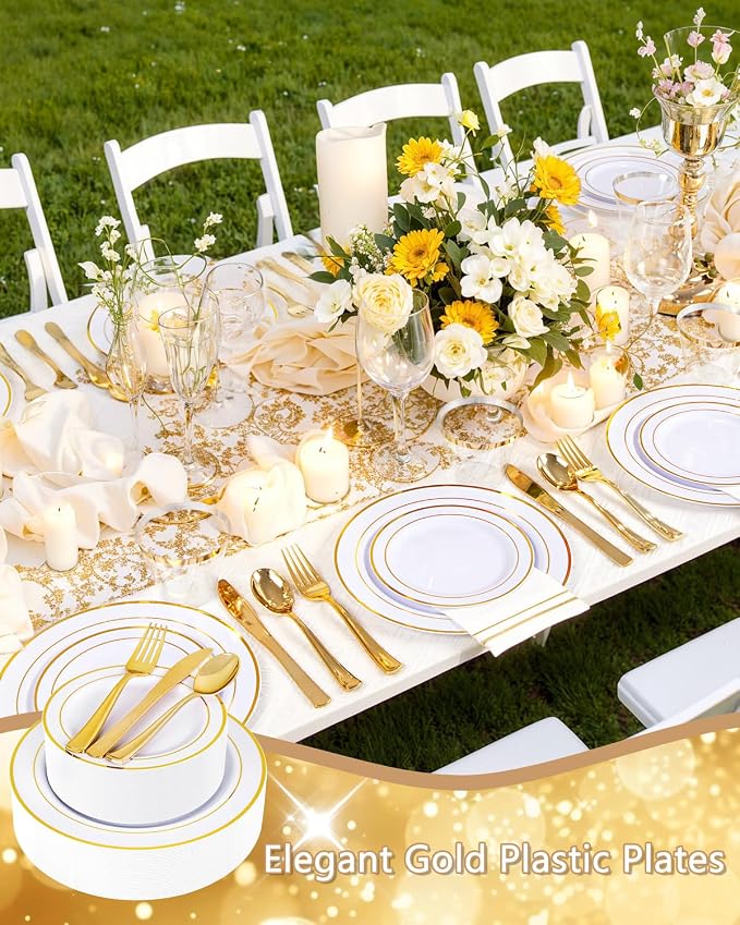 GATHER 350PCS Gold Plastic Plates for Wedding and Party | White and Gold Disposable Dinnerware Set include 100 Plates, 150 Silverware, 50 Napkins, 50 Cups for Bridal Shower