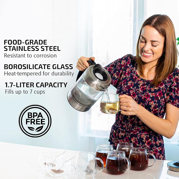 OVENTE 1.7L Glass Electric Kettle Water Boiler, Silver KG612S | 1500W Fast Boiling, Easy Fill Lid, Borosilicate Glass, Blue LED Light, BPA-Free, Auto Shut-Off, Boil-Dry Protection