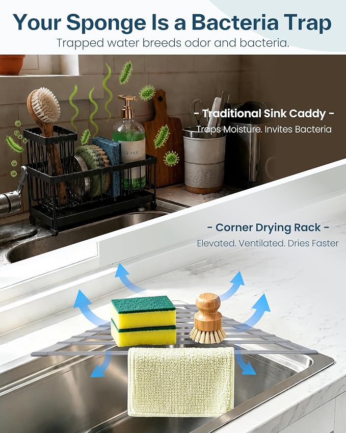 Ohuhu Triangle Roll Up Dish Drying Rack, Silicone Wrapped Steel Anti-Slip Sink Corner Rack Caddy Multipurpose Strainer for Kitchen Sink Trivet Space-Saving