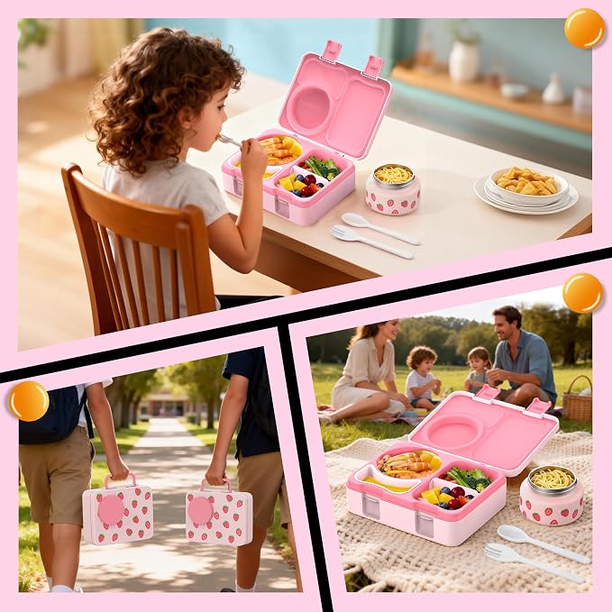 Bento Lunch Box for Kids Adult, Leakproof 3-4 Compartment Bento Box Set with Insulated Food Jar,Water Bottle, Lunch Bag, School Lunch Container for Toddler Teen Girls Boys Ages 3+(Strawberry)