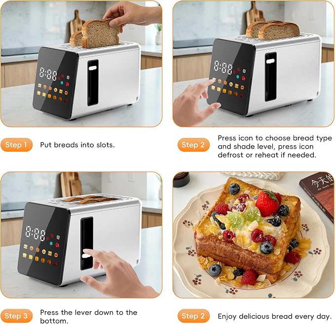 WUNLY Smart Touchscreen 2 Slice Toaster, Wide Slot, Memory & Single-Slot | Digital Timer, Extra Wide Slot for Bagels, 6 Shade Levels & 6 Bread Settings, Reheat, Defrost, Favorite,Platinum
