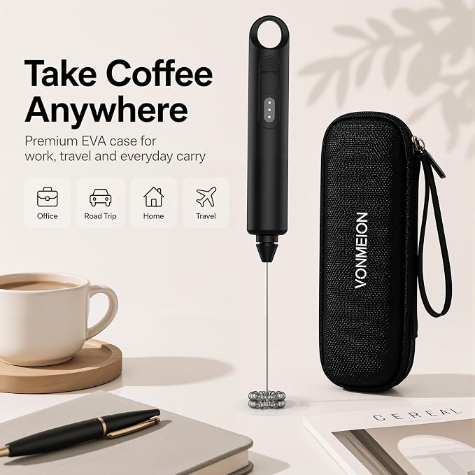 Rechargeable Milk Frother Handheld 3 Speed Coffee Foamer [3 Whisk] Electric Drink Mixer for Latte, Cappuccino, Coffee, Eggs, Hot Chocolate, Protein Black