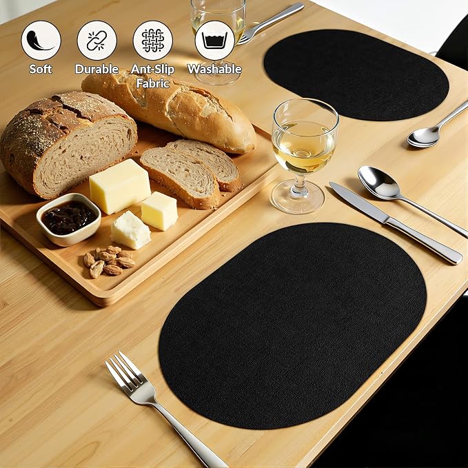 Placemats Set of 8, 11.8 x 17 Inch, Black | Heat Resistant Oval Faux Leather Place Mats, Waterproof Wipeable Reversible PU Placemat, Indoor & Outdoor