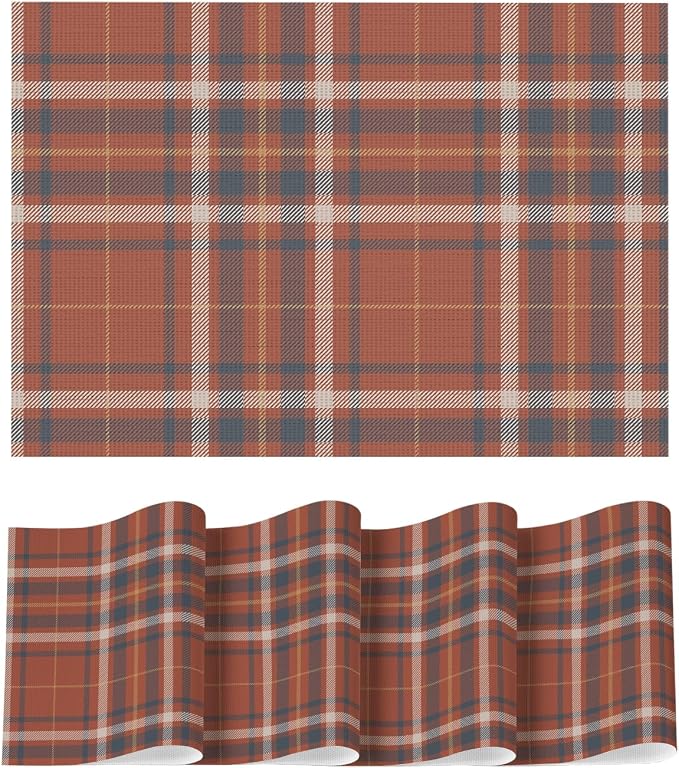 Artoid Mode Stripe Plaid Vinyl Placemats Set of 4, 12x18 Inch Washable Non-Slip Heat Resistant Plastic Place Mats for Party Dining Table, Rust