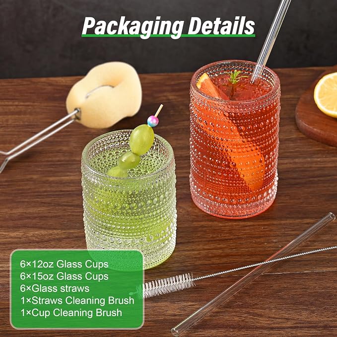 ZMOWIPDL Drinking Glasses Set of 12,Clear 12oz & 15oz Hobnail Glass Cups | Vintage Glassware，Embossed Water Tumbler,for Beer,Cocktail,Whiskey,Juice and Various Mixed Drinks- 1 Cleaning Brush