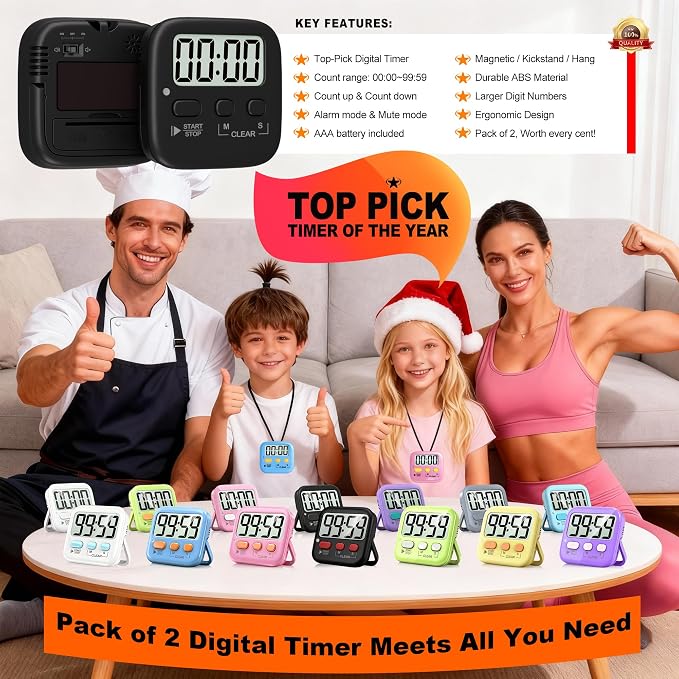 2 Pack Digital Timer for Kids Classroom Kitchen Timers for Cooking | w/ Battery, Easy to View, Alarm, Mute Mode, Count Down/Up, Magnetic, Kickstand, Hanging, Classroom Timer for Teacher Supplies