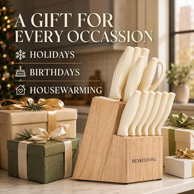 Knife Set with Built-in Sharpener Block, Dishwasher Safe | 14-Piece, High-carbon stainless steel blades, Ultra-sharp edges, Ergonomic non-slip handles, Great gift