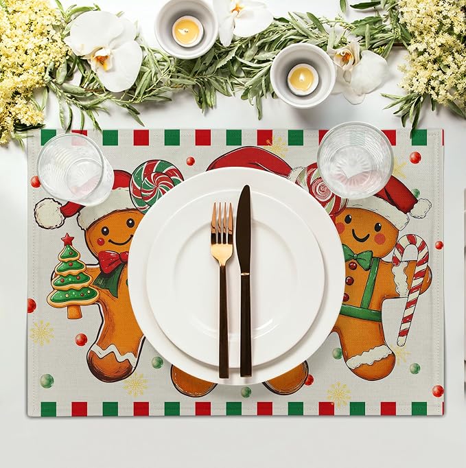 Gingerbread Man Christmas Placemats Set of 4 Candy Cane Xmas Seasonal Holiday Linen Table Mats Red Green Orange Winter Washable Place Mats for Party Kitchen Dining Outdoor Indoor Decor