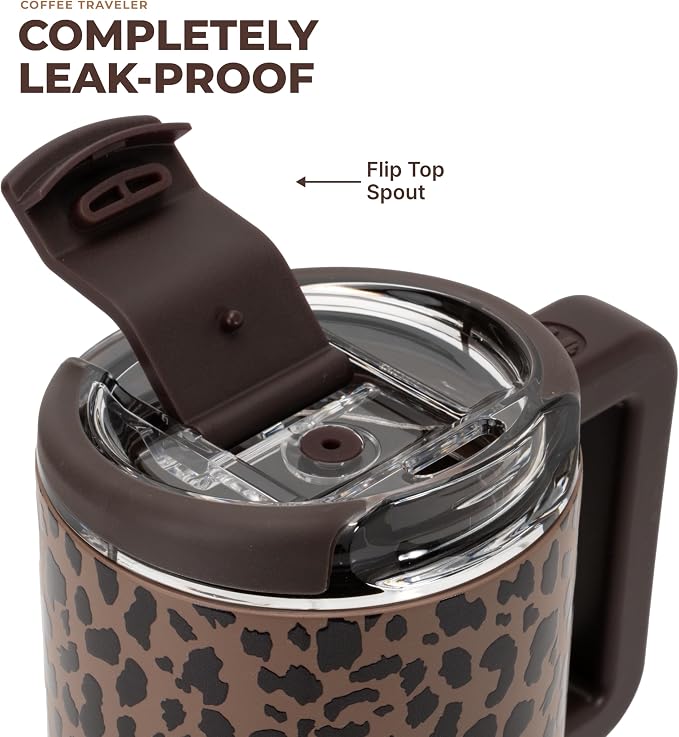 HydroJug Coffee Traveler 20oz Ceramic-Lined Mug with Handle, Brown Leopard