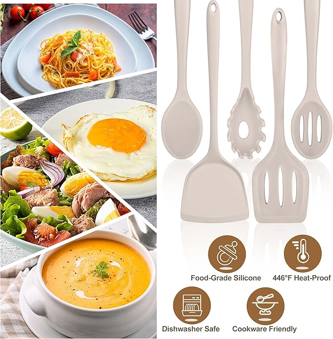 TeamFar Silicone Cooking Utensils Set, 5-Piece Kitchen Utensils Se | Heat Resistant Nonstick Slotted Solid Spoon Turner Pasta Server for Frying Serving Mixing, Non-Toxic & Dishwasher Safe, Khaki