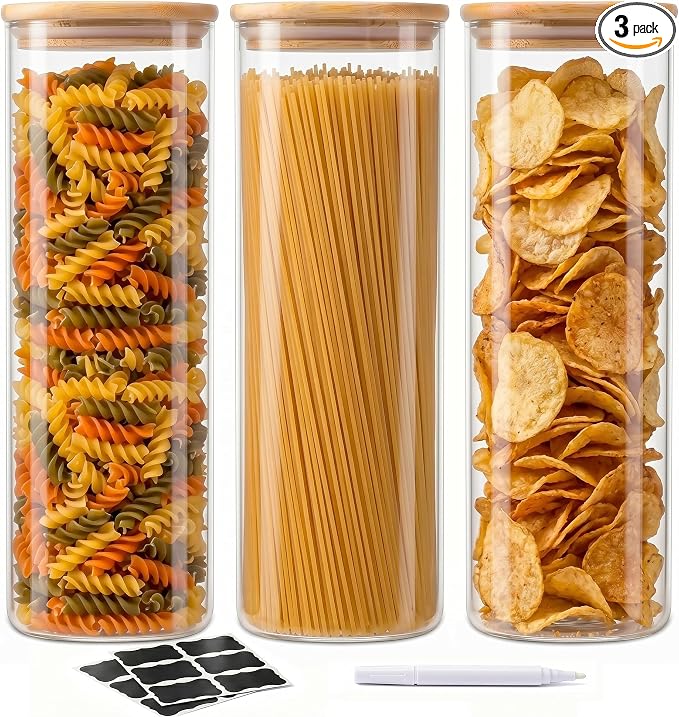 SENTVEND 73 Oz Glass Jars - 3 Pack Food Storage Containers with Lids Square | Food-grade durable clear canister, Bamboo seal cover, Stackable, BPA-Free, Ideal for sorting oats, Coffee beans, Pasta & More