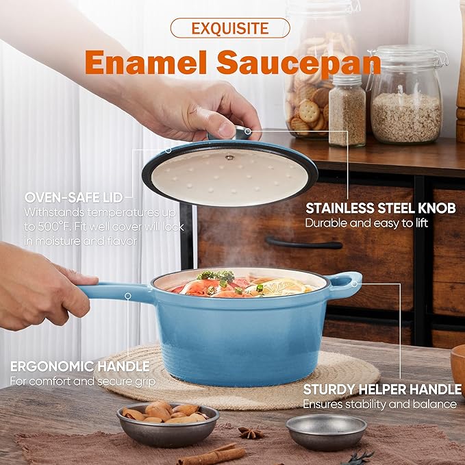 Homikit Small Cast Iron Pot, 2 QT Enameled Cast Iron Sauce Pan with Lid, Heavy Duty Enamel Dutch Oven Kitchen Cookware for Making Pasta, Boiling Soup, Warming Milk, Nonstick & Oven Safe, Sky Blue