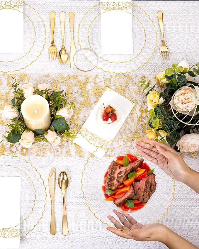 YOUBET 175PCS Clear and Gold Scalloped Plastic Plates for Party Wedding | Clear and Gold Disposable Dinnerware Set Include 50 Plates, 75 Gold Silverware, 25 Cups, 25 Napkins