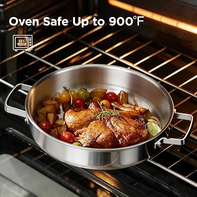 COOKER KING 5Qt Sauté Pan w/Lid, Stainless Steel Braiser, Chicken fryer | Non-Toxic Uncoated Pot, Dishwasher & Oven Safe, Induction Ready, Dual Cool Handle, 3-Ply Clad for Fast Heat