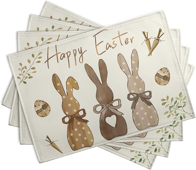Happy Easter Bunny Placemats Set of 4 Easter Rabbit Egg Carrots Linen Fabric Table Mats Spring Seasonal Rustic Holiday Washable Place Mats for Party Kitchen Dining Indoor Decor 12x18 Inch