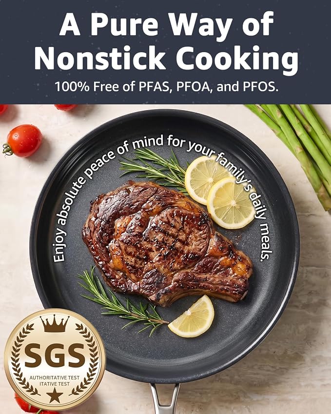 12 In Ceramic Nonstick Frying Pan, Tri-Ply Stainless Steel Skillet | PFOA/PFOS Free Cookware, Induction & Oven Compatible, Detachable Handle, Metal Utensils Safe, Compatible for 3-4 People