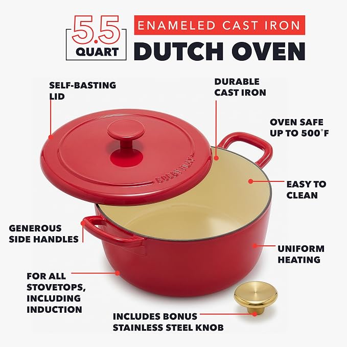 GreenPan x Bobby Flay 5.5QT Enameled Cast Iron Dutch Oven With Lid, Red | Casserole Pot for Braising, Stews, Bread Baking & Searing, Self-Basting Lid, Induction Ready, Oven Safe To 500, Gold Lid Knob