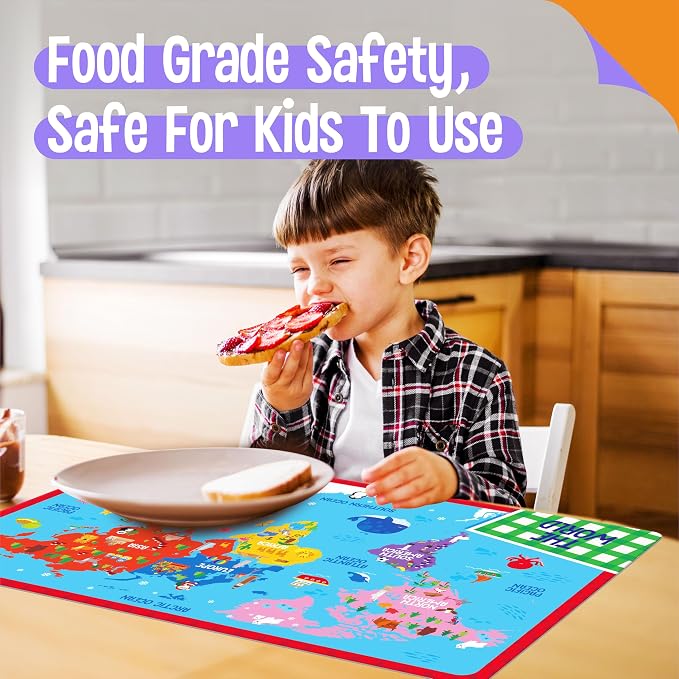 6 Pack Placemats for Kids, Non-Slip Washable, Reusable Alphabet, Number, Shape & Color, Universe, Map Themed Educational Placemats for Home, Kindergarten, Classroom, Nursery