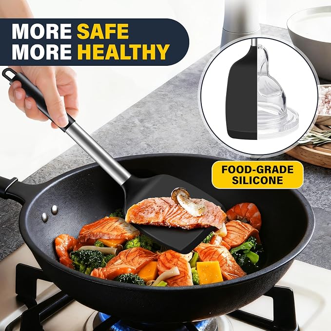 2 Pack Silicone Spatula Set, Solid & Slotted Turner for Non-Stick Pans, High Heat Resistant Silicone Spatula for Cooking, BPA-Free Stainless Steel Cooking Utensils for Fish, Eggs, Pancakes, Black