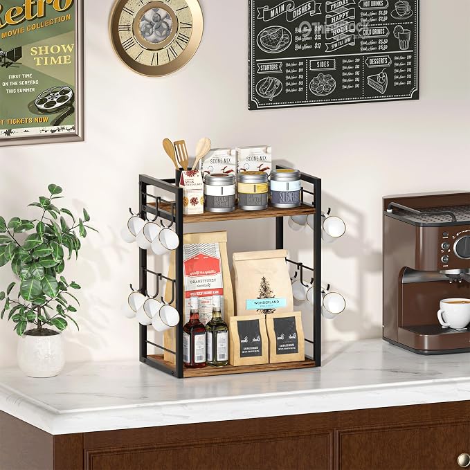 Dorhors Coffee Bar Organizer,Mug Holder,Station Organizer Kitchen Counter | 2 Tier Rustic Brown Wood Coffee Bar Accessories with 12 Hooks,Countertop Shelf for Mug,Syrup and Accessories