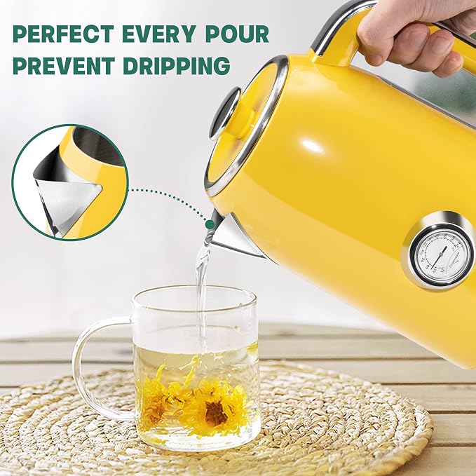 SUSTEAS 57oz Electric Kettle with Thermometer, Hot Water Pot, Retro Yellow | Electric Tea Kettle for Boiling Water, 1500W Stainless Steel Pot, Cordless LED Indicator, Auto Shut-Off & Boil Dry Protection