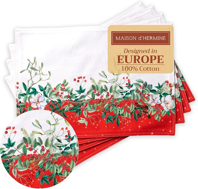 Maison d' Hermine Placemats Set of 4 Reusable 100% Cotton (13"x19") | Cloth Place Mats Washable Table Mats for Kitchen Dining Party Wedding Hotel Home Thanksgiving Christmas - Noel
