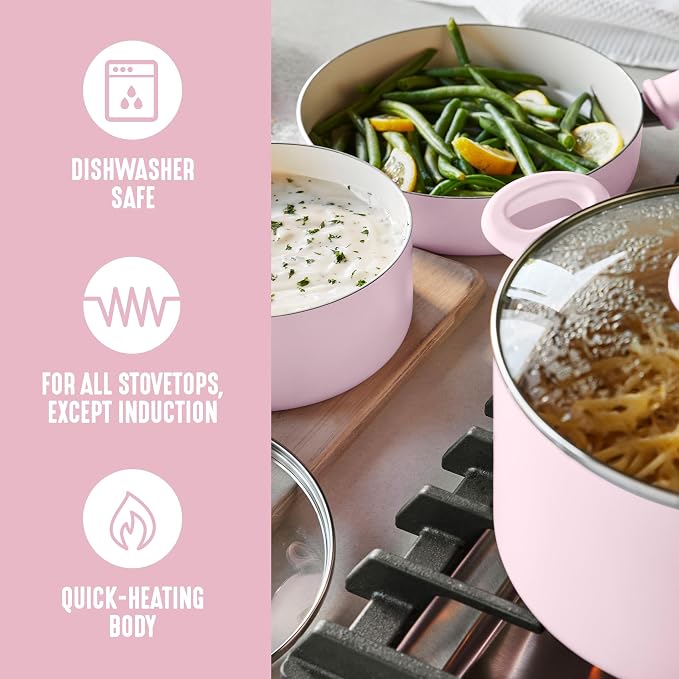 GreenLife 2.5QT Ceramic Nonstick Saucepan with Glass Lid, Pink | PFAS-Free Nonstick Coating, Multipurpose Cooking Pot, Milk Pan, Soup Pot, Stay-Cool Handle, Dishwasher & Oven Safe up to 350F
