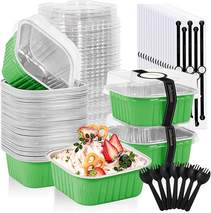 50 Pack Mini Cake Pans With Lids And Spoons,5oz Square Aluminum Foil Brownie Baking Cups,Small Cake Tins,Individual Cake Pans With Lids for Wedding Birthday Party (Green)