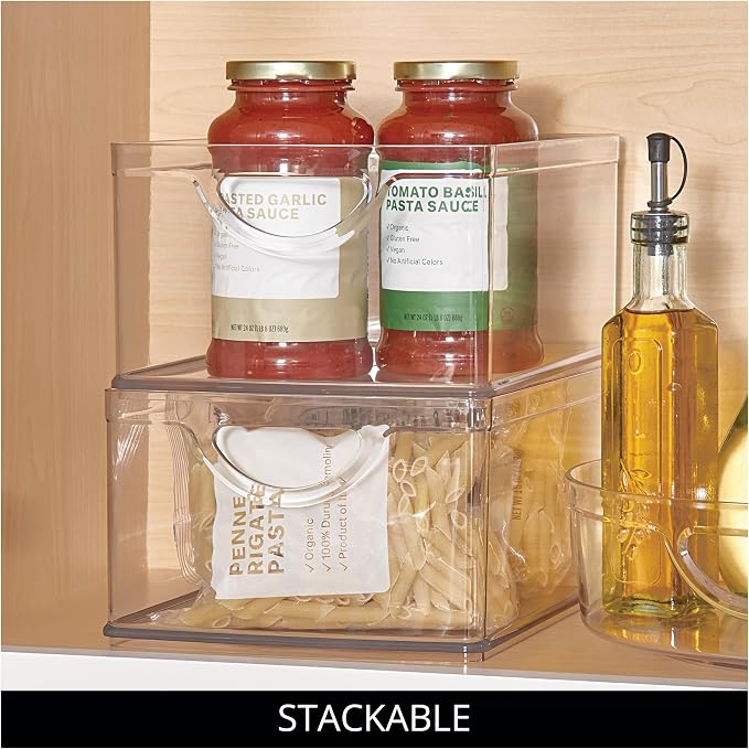 iDesign Plastic Stackable Kitchen Cabinet Storage Bin with Handles - Clear Pantry Organizer Medium (Pack of 4)