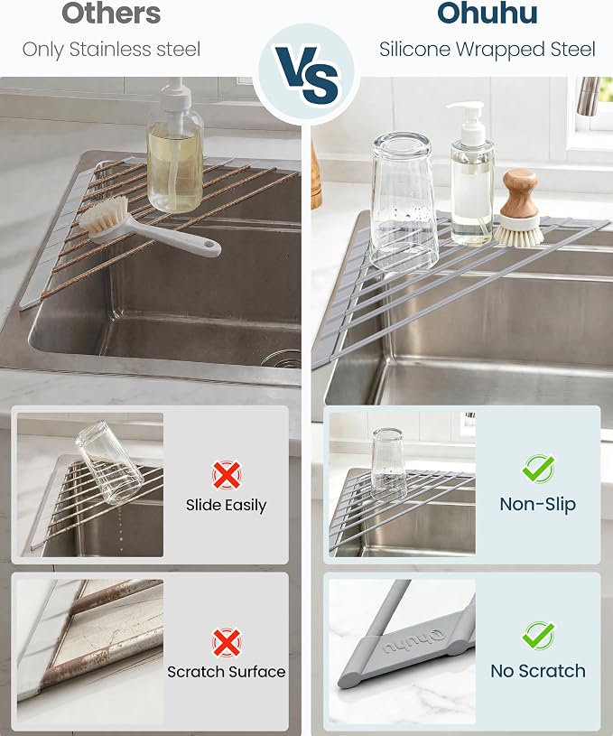 Ohuhu Triangle Roll Up Dish Drying Rack, Silicone Wrapped Steel Anti-Slip Sink Corner Rack Caddy Multipurpose Strainer for Kitchen Sink Trivet Space-Saving