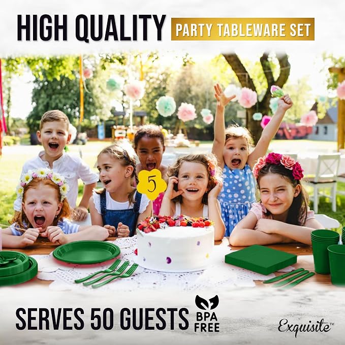 350 Pcs Emerald Green Plastic Plates For Party, Emerald Green Disposable Plates Set, 50 Of Each 9" Dinner Plate Set, 7" Dessert Plate, Cups, Napkins & Cutlery Plastic Dinnerware Set Exquisite