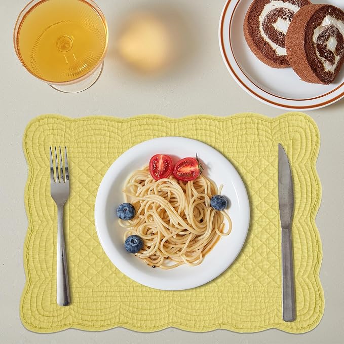 HOMBYS Quilted Placemats Set of 6 Washable-13x18 inches Rectangular Placemats for Kitchen Table-100% Cotton Fabric Rectangular Table Mats, (Yellow)