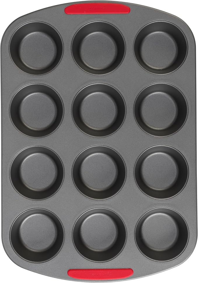 GoodCook MegaGrip 12-Cup Muffin Pan with Silicone Grip Handles Perfect for Cupcakes Durable Heavy-Gauge Steel Construction Scratch-Resistant Nonstick Coating, 15.5x10.5-Inch, Gray