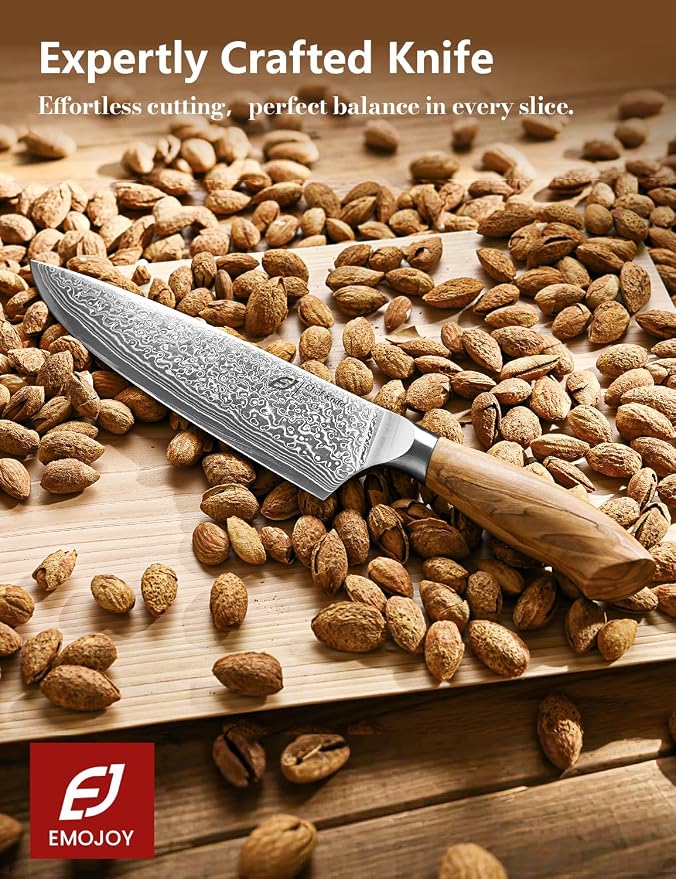Damascus Chef Knife in Japanese Steel, 67-Layers Damascus Kitchen Knife with Wooden Gift Box and Original Olive Wood Handle, Cooking Knives for Home Kitchen Gift Idea
