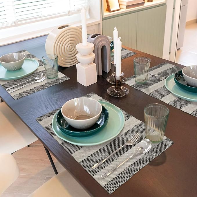 Black Polka Dot Placemats Set of 4, Boho Striped Decorative Table Mat 12 x 18 Inch Heat Resistant Non Slip Line Fabric Modern Geometry Place mat for Holiday Party Kitchen Dining Decor