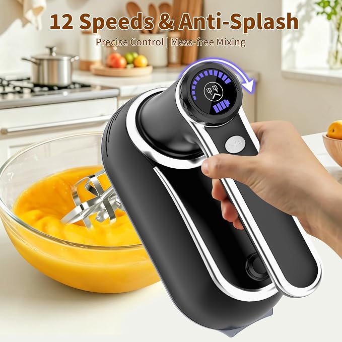 binROC Cordless Electric Hand Mixer, 12-Speed with Storage Case, Black | Rechargeable, Eject Button, LED, Self-Stand, 6×304 Stainless Attachment, Overheat Protection, Quiet for Baking Dough Cake Egg