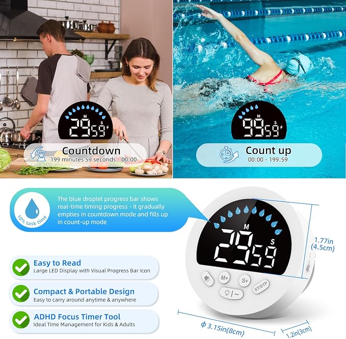 Waterproof Shower Timer for Bathroom Kitchen with Countdown Count-up, White | Large LED Display, 3 Brightness, 4 Volume, Battery Powered, Suction Cup Mounted Digital Stopwatch for Toilet Classroom