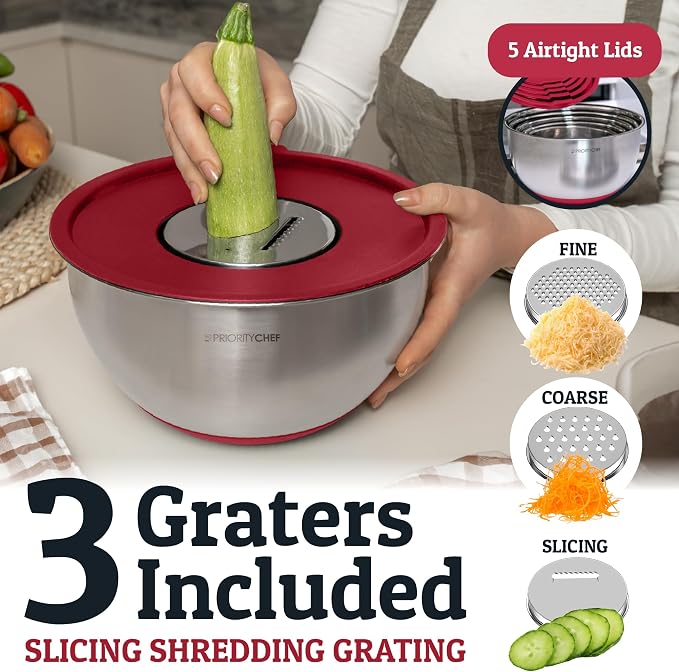 Stainless Steel Mixing Bowls with Lids Set, Metal Nesting Bowls with Airtight Lids, Graters, Non-Slip Base & Measurement Marks, Includes Utensil Set for Prep, Baking & Storage, Red