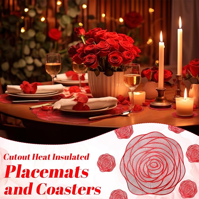 Sieral Round Hollow Rose Vinyl 15'' Placemat & 4'' Coaster,Red,12 Set