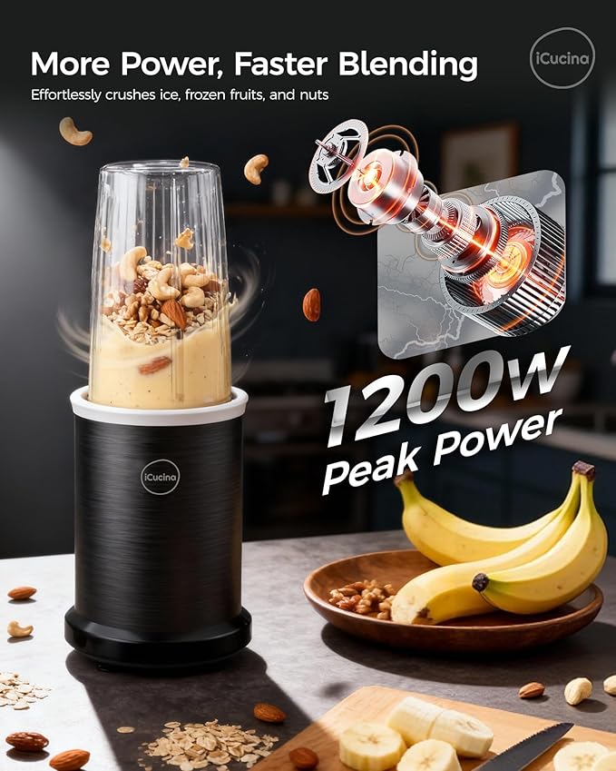 iCucina Smoothie Blender, 1000W Personal Blender for Shakes and Smoothies with 2 x 32oz Protable Cups and Lids, Single Serve Blenders for Ice Crushing, Bean Grinding, Frozen Fruit Drinks, Black